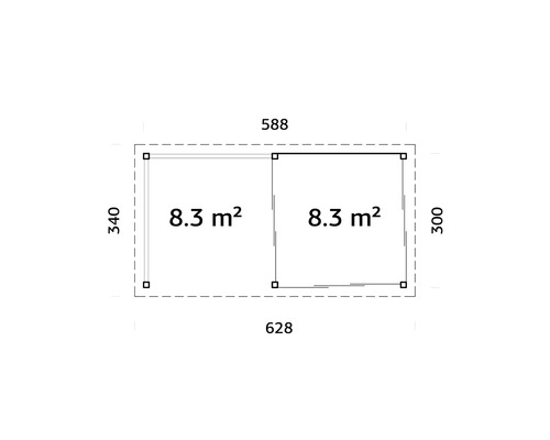 Planritning med mått för ett trädgårdshus, bestående av två kvadrater på 8,3 kvadratmeter vardera.