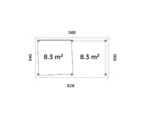 Planritning med mått och ytaangivelser för två rum