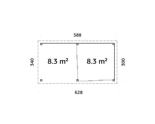 Ritning av ett trädgårdshus med måtten 628 x 588 x 340 x 300 cm och en yta på 8,3 kvadratmeter per rum