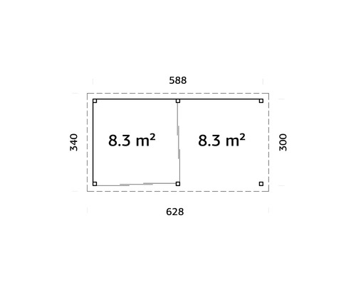 Ritning med mått: 588 x 628 x 340 x 300, vardera 8.3 kvadratmeter.