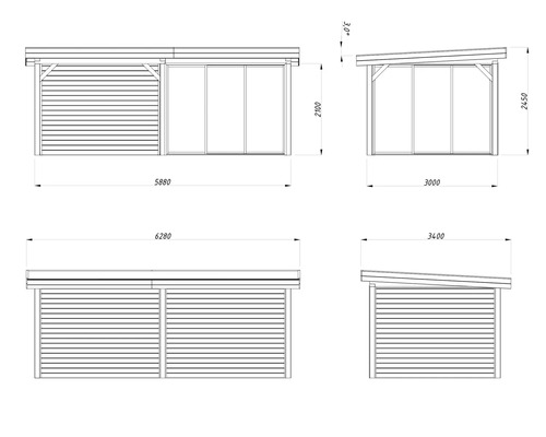 Teknisk ritning av ett trädgårdshus med dimensioner