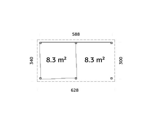 Planritning med mått och en yta på 8.3 kvadratmeter per rum