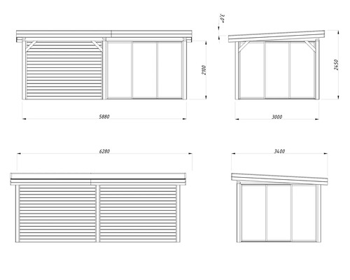 Teknisk ritning av ett trädgårdshus med mått.