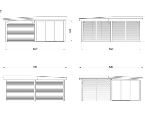 Teknisk ritning av ett trädgårdshus med mått