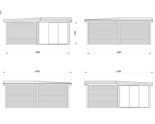 Teknisk ritning av ett trädgårdshus med dimensioner