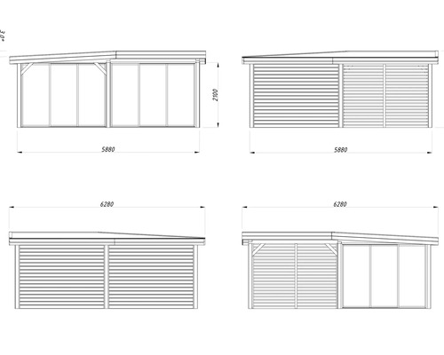 Teknisk ritning av ett trädgårdshus med mått
