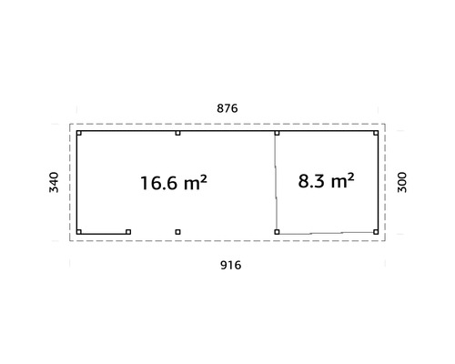 Planritning med mått på ett trädgårdshus