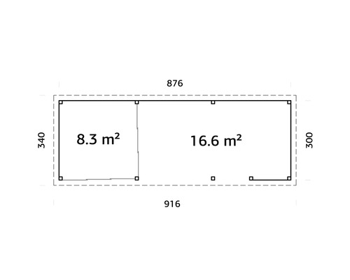 Planritning av ett trädgårdshus med ytuppgifter och dimensioner