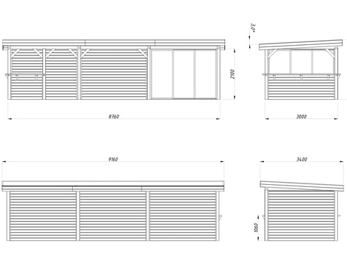 Teknisk ritning av ett trädgårdsskjul med dimensioner