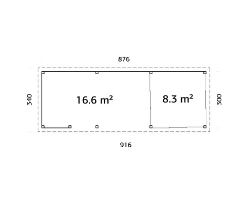 Ritning av ett trädgårdshus med areauppgifter