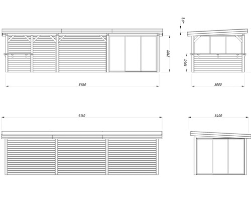 Teknisk ritning av ett trädgårdshus med mått.