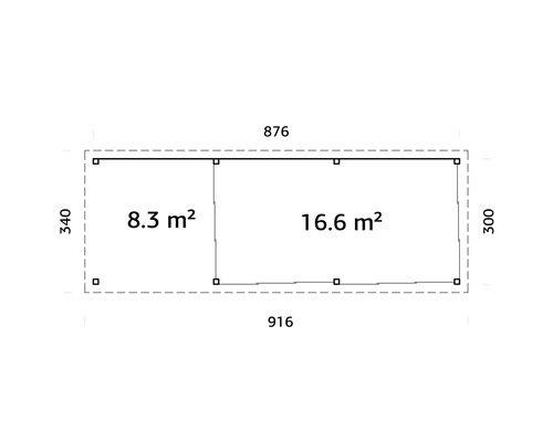 Planritning över ett trädgårdshus med måtten 876 gånger 340 och 916 gånger 300, indelat i områden på 8,3 och 16,6 kvadratmeter