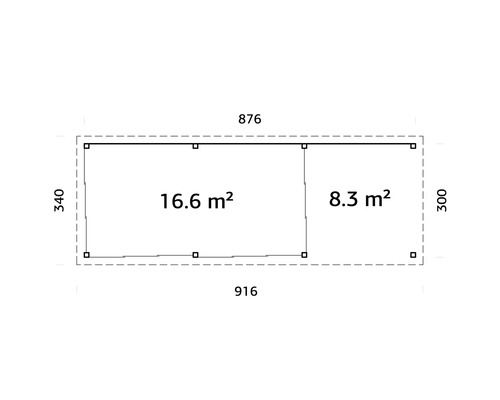 Ritning av ett trädgårdshus med areainformation och mått.