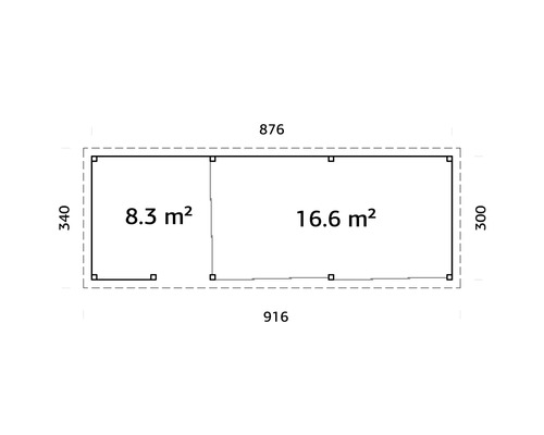 Ritningsskiss med måtten 876 x 340 cm och rumsstorlekarna 8,3 m² och 16,6 m²