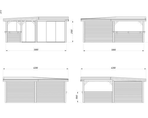Teknisk ritning av ett trädgårdshus med måtten 5880 x 6280 mm