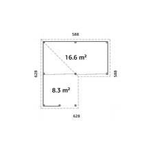 Planritning över ett trädgårdshus med måtten 588 gånger 588 och 628 gånger 628 centimeter och en yta på 16,6 respektive 8,3 kvadratmeter