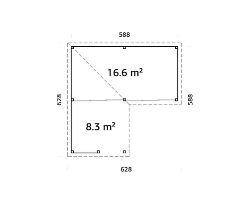 Planritning över ett trädgårdshus med måtten 588 gånger 588 och 628 gånger 628 centimeter och en yta på 16,6 respektive 8,3 kvadratmeter
