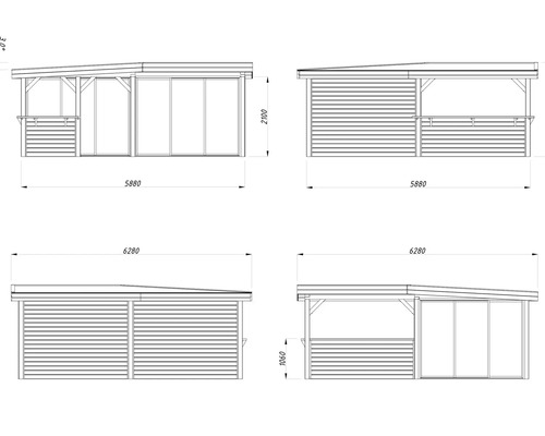 Teknisk ritning av ett trädgårdshus med mått