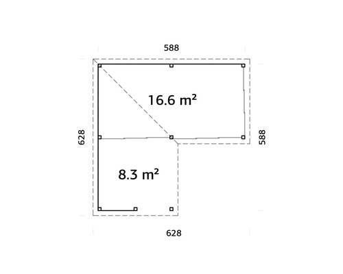 Planritning över ett trädgårdshus med måtten 588 gånger 588 centimeter och 628 gånger 628 centimeter, total yta 16,6 kvadratmeter och 8,3 kvadratmeter