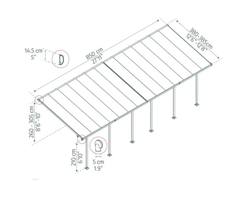 Teknisk ritning av ett terrassöverdrag med mått i centimeter
