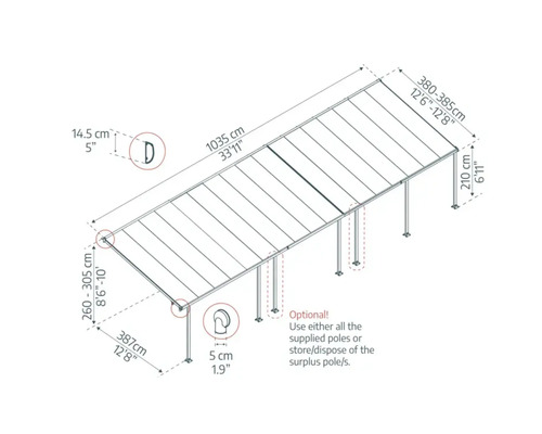 Teknisk ritning av ett terrasstak med mått.