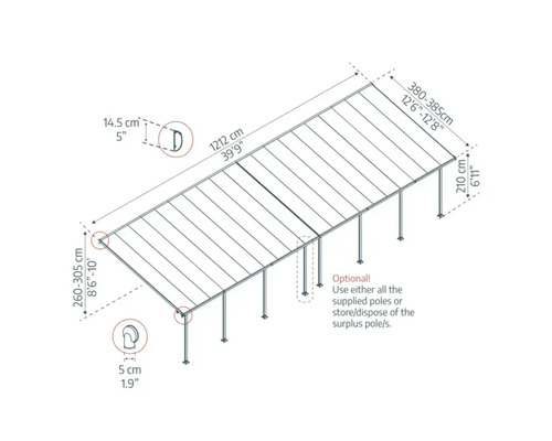 Teknisk ritning av ett terrassöverdrag med mått
