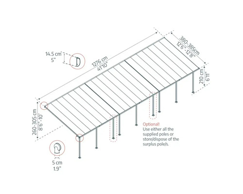 Teknisk ritning av ett terrassöverdrag med dimensioner
