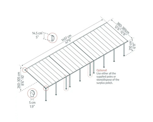Diagram över en terrassmarkis med mått