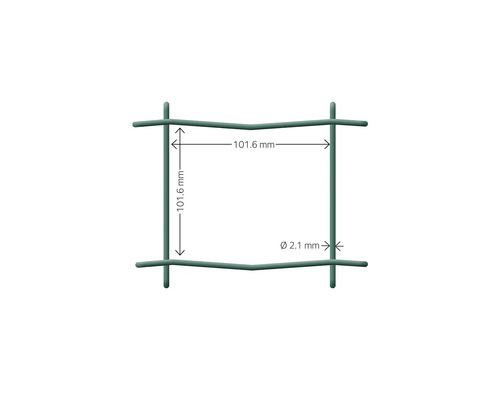 Detaljvy av ett stängselelement med mått: 101,6 mm sidlängd, 2,1 mm diameter