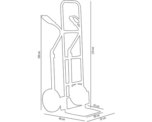 Mått på en säckkärra: 100 cm höjd, 119 cm totalhöjd, 49 cm bredd, 52 cm djup, 30 cm skovelbredd, 25 cm skoveldjup.