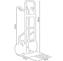 Mått på en säckkärra: 128 cm hög, 47 cm bred och 55 cm djup.
