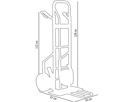 Mått på en säckkärra: 128 cm hög, 47 cm bred och 55 cm djup.