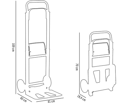 Mått på en säckkärra i hopfällt och utfällt tillstånd