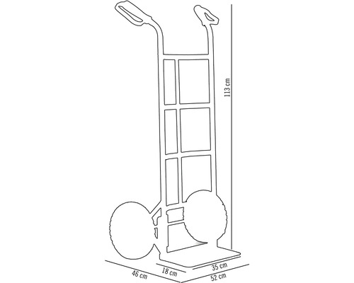 Bild på en säckkärra med måtten 113 cm höjd, 46 cm längd, 52 cm bredd och 35 cm djup