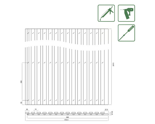Teknisk ritning av en insynsskyddsskärm med mått