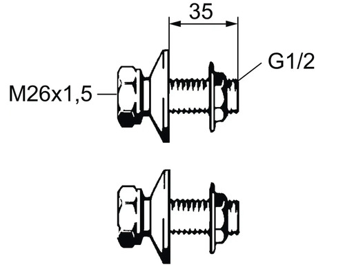 Teknisk ritning av skruvar med måtten M26x1,5 och G1/2