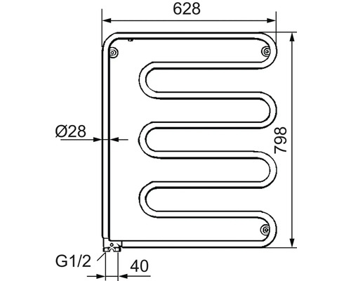 Teknisk ritning av ett värmeelement med mått