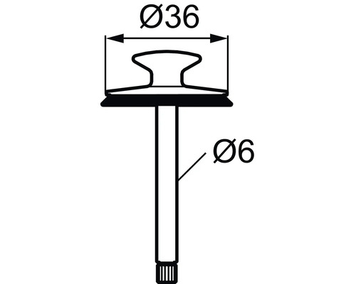 Teknisk ritning av en ventilstötare med måtten 36 millimeter och 6 millimeter.