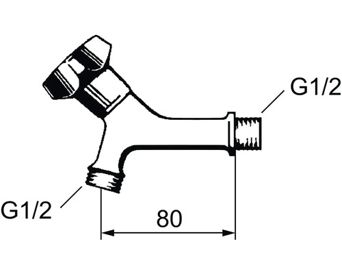 Teknisk ritning av en vinkelventil med måtten G1/2 och 80 millimeter