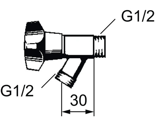 Teknisk ritning av en vinkelventil med måtten G1/2 och 30 mm