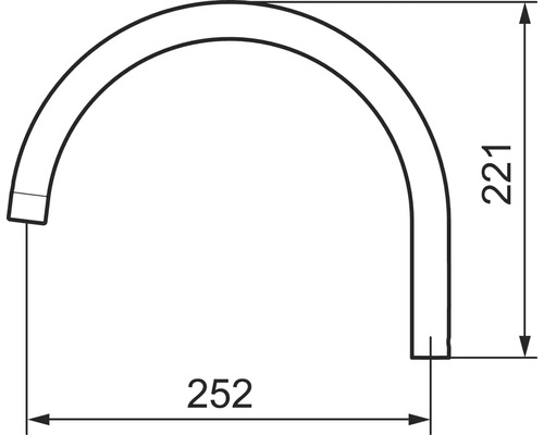 Teknisk ritning av ett böjt rör med måtten 221 och 252