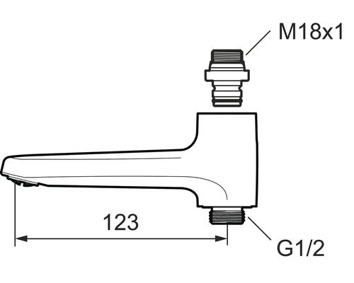 Ritning av en kran med måtten 123, G 1/2 och M18x1