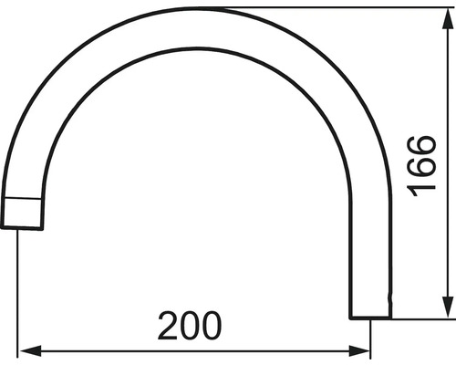 Teknisk ritning av ett rörkrök med måtten 166 och 200