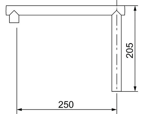 Teknisk ritning av en hörnprofil med måtten 250 mm och 205 mm.