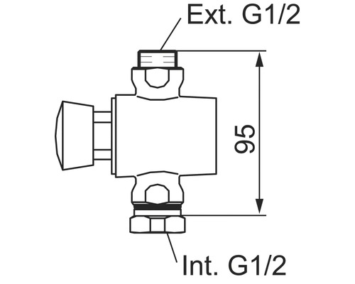 Teknisk ritning av en ventil med G 1/2 tums anslutning och dimension 95 millimeter