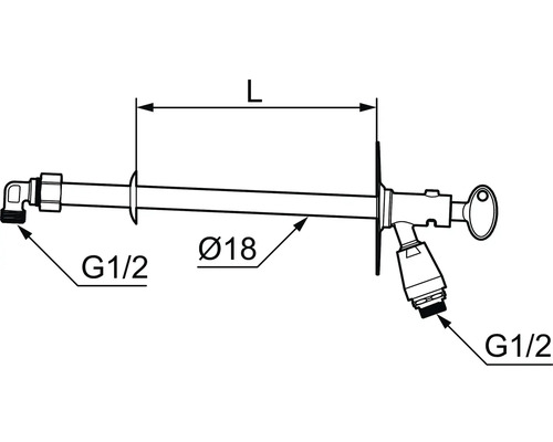 Teknisk ritning av en vattenkran med måttangivelser