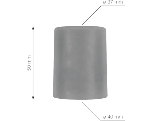 Grå rörstopp med måtten diameter 37 millimeter, diameter 40 millimeter och höjd 50 millimeter