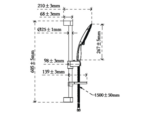 Teknisk ritning av en duschstång med måttangivelser