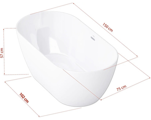 Fristående badkar med måtten 150 cm lång, 102 cm bred och 57 cm hög.