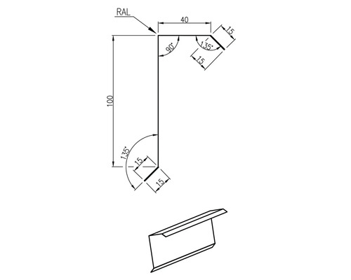 Teknisk ritning av en vinkel med mått.